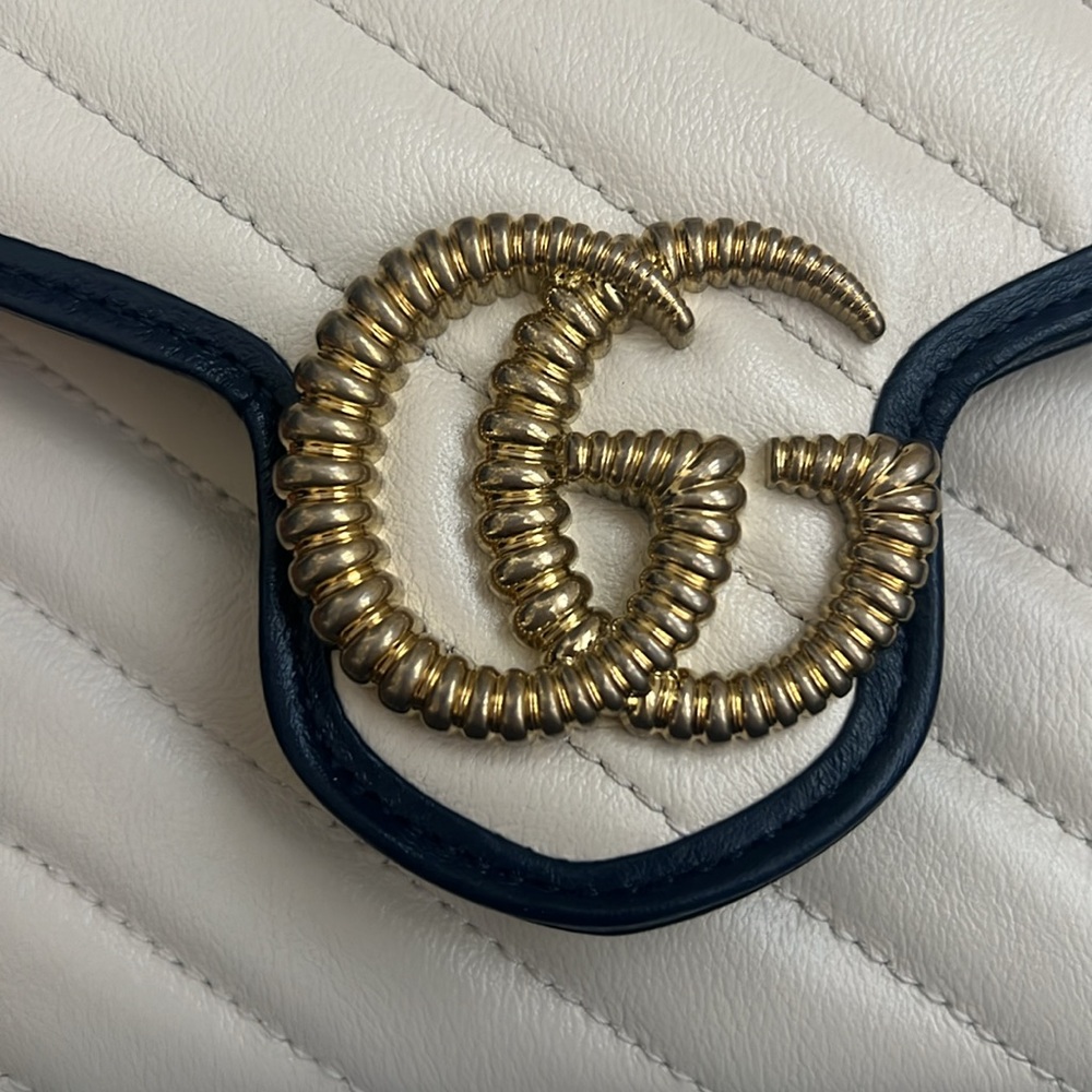 🆕💯% Auth Gucci Blue Agata GG Marmont Shoulder Bag Cream Calfskin Leather - Picture 15 of 16